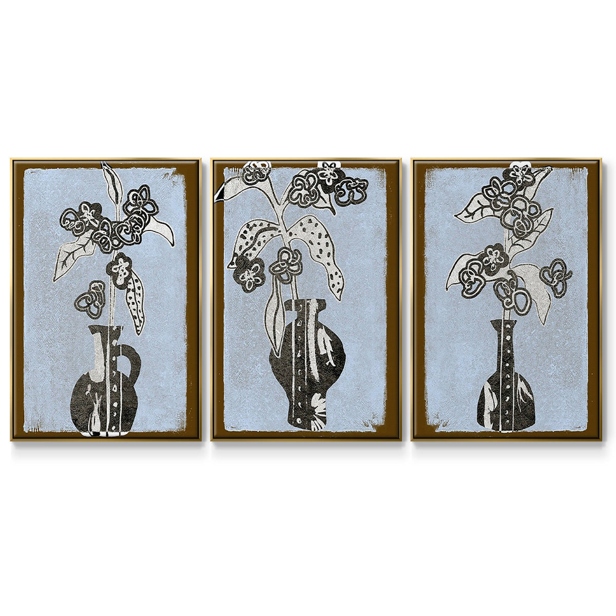 Graphic Flowers in Vase I - Framed Premium Gallery Wrapped Canvas L Frame 3 Piece Set - Ready to Hang