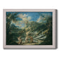 Religious landscape depicting the baptism of Christ by Alessandro Magnasco printed on canvas in an ornate weathered white frame.