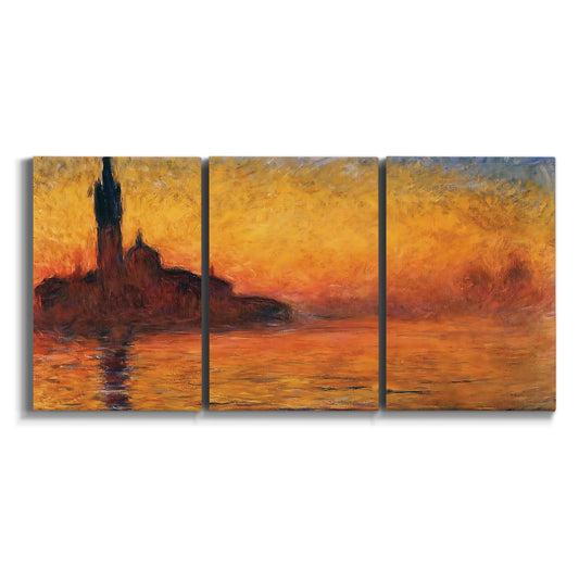 Three-panel canvas wall art featuring Venetian church at sunset on white background.