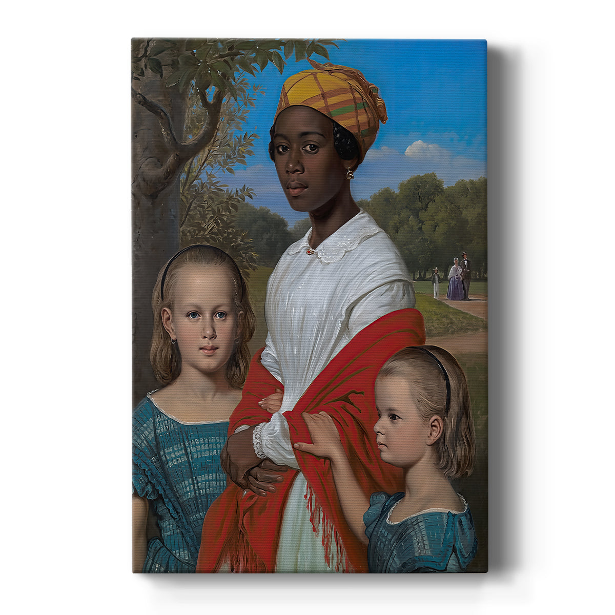 Canvas art print featuring a group portrait of children and a nanny in a garden setting with soft light on a clean white background.