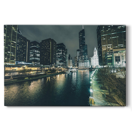 Chicago River at Night III - Gallery Wrapped Canvas