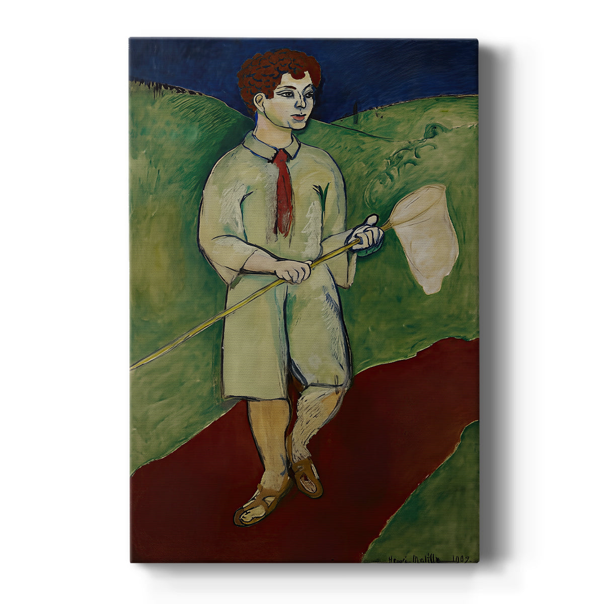 Canvas art print featuring a fauvist scene of a young boy holding a butterfly net in a bright setting on a clean white background.