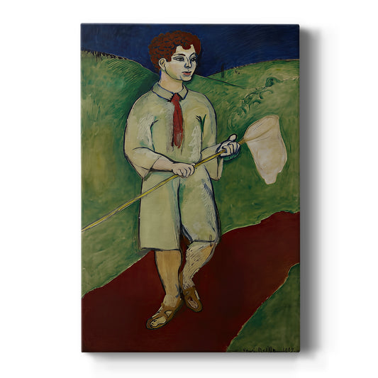 Canvas art print featuring a fauvist scene of a young boy holding a butterfly net in a bright setting on a clean white background.