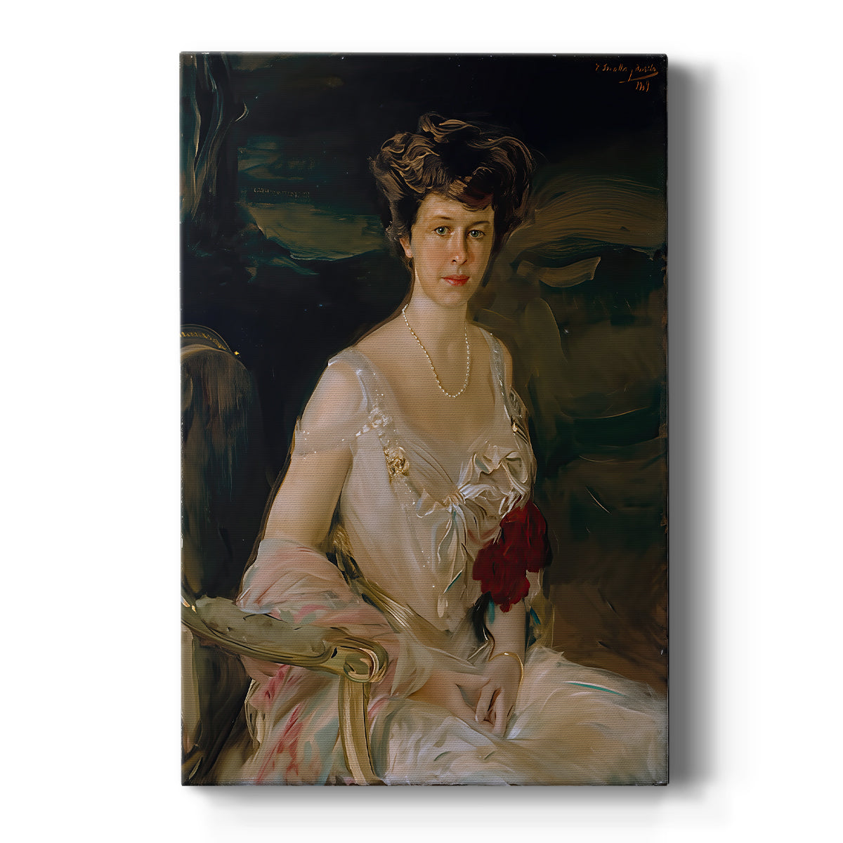 Canvas art print featuring an impressionist portrait of a seated woman in light dress with soft tones on a clean white background.