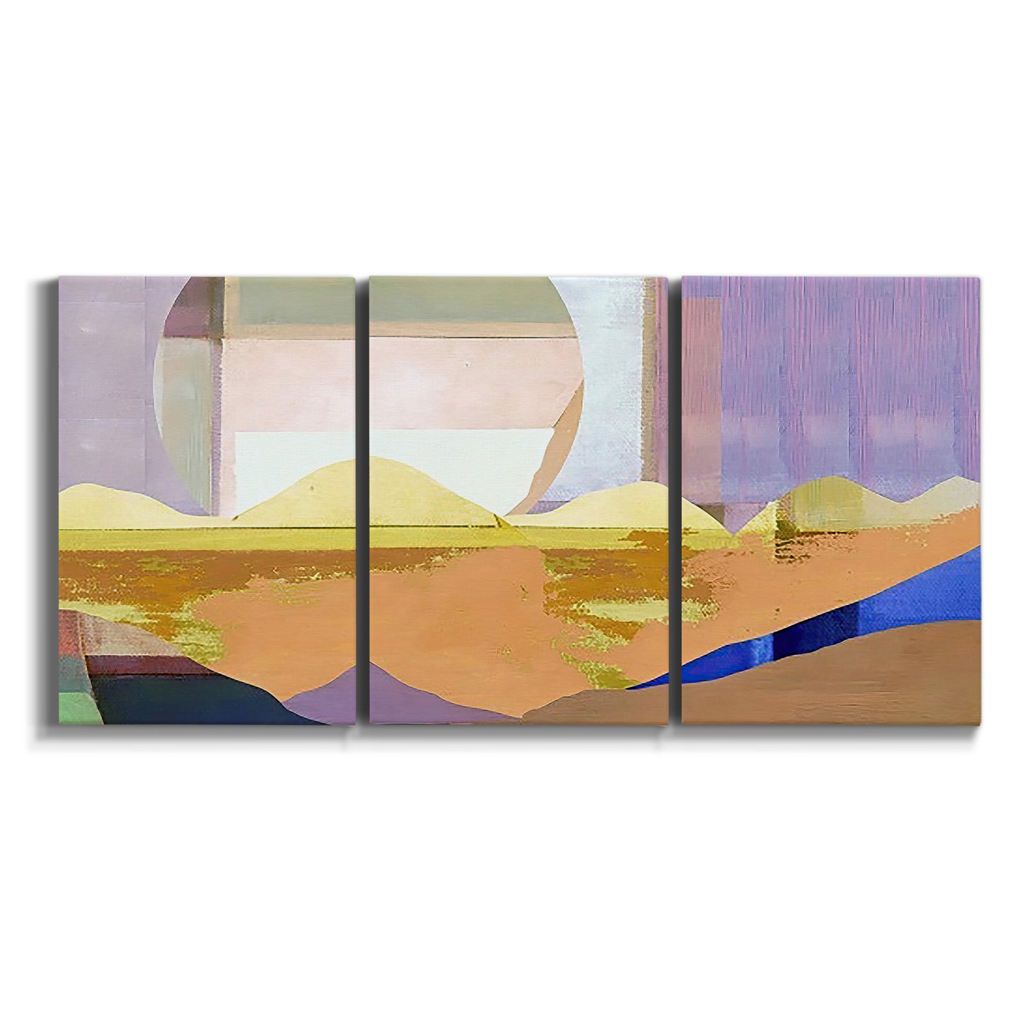 Three-panel canvas wall art featuring mid century geometric pink abstraction on white background.