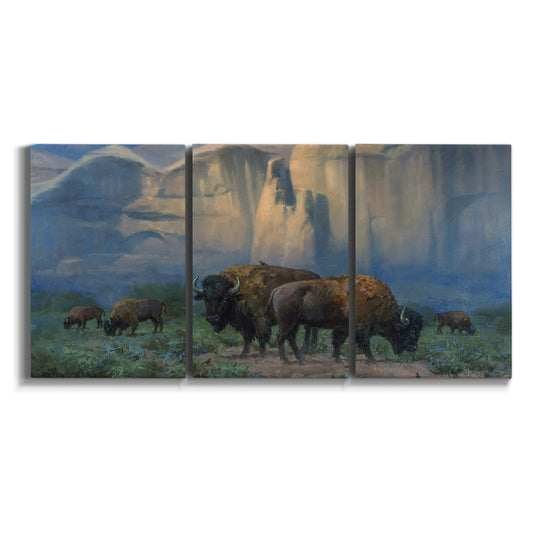 Three-panel canvas wall art featuring western landscape with animals on white background.