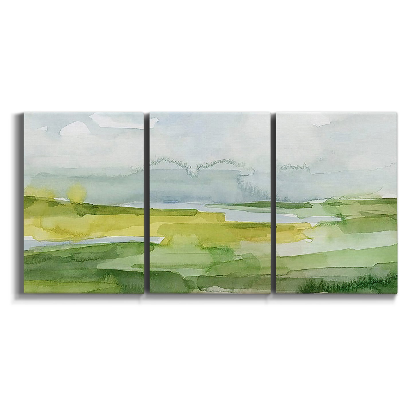 Three-panel canvas wall art featuring lowland wetlands with reflective water on white background.