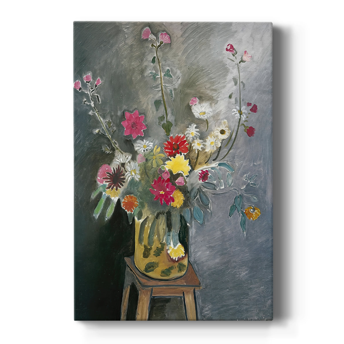 Canvas art print featuring a fauvist still life of mixed flowers with vibrant color and loose brushwork on a clean white background.