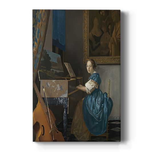 Canvas art print featuring a Baroque interior of a seated woman at a virginal in soft window light on a clean white background.