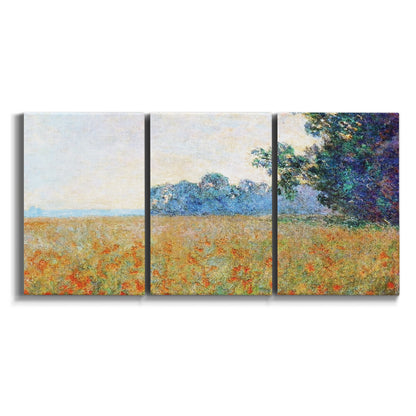 Three-panel canvas wall art featuring oat field with scattered poppies on white background.