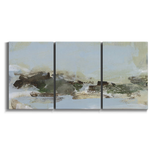 Three-panel canvas wall art featuring minimal abstract summer landscape on white background.