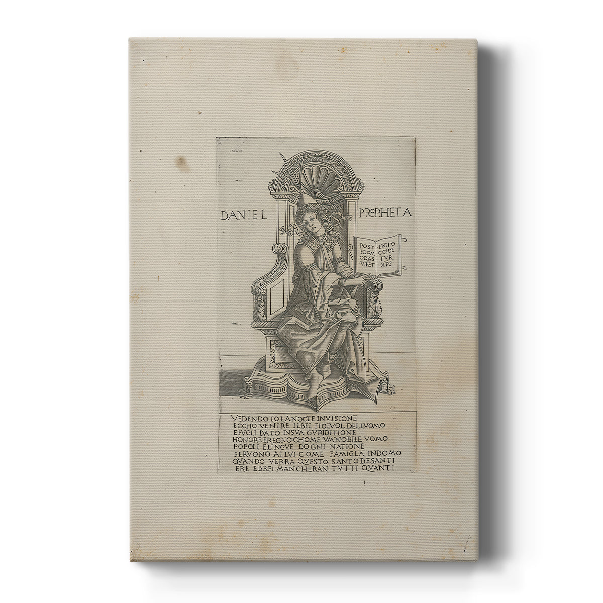 Canvas art print featuring a monochrome engraving of a standing prophet with fine linework on a clean white background.