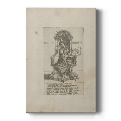Canvas art print featuring a monochrome engraving of a standing prophet with fine linework on a clean white background.