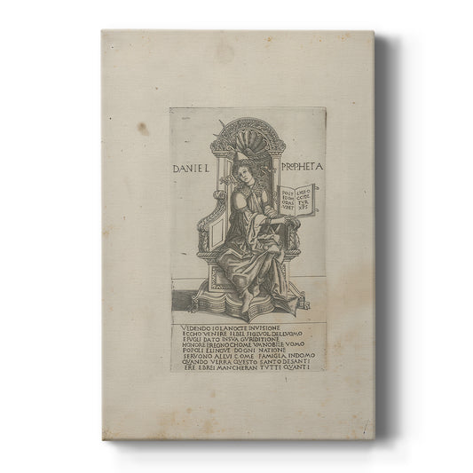Canvas art print featuring a monochrome engraving of a standing prophet with fine linework on a clean white background.