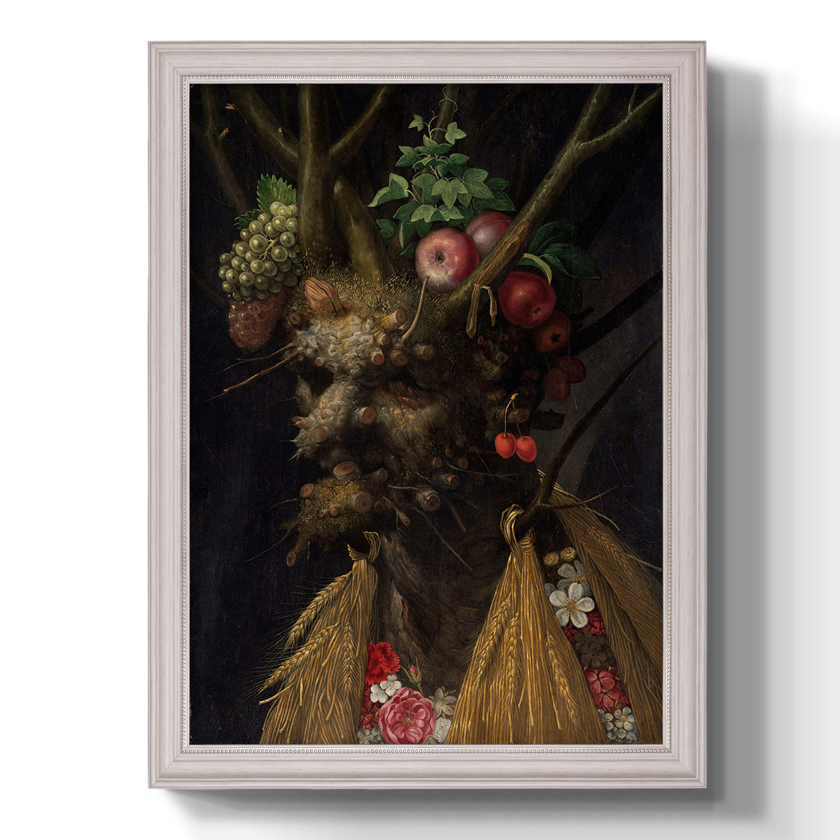 Surreal allegorical portrait representing the four seasons by Giuseppe Arcimboldo printed on canvas in an ornate weathered white frame with a vertical orientation.