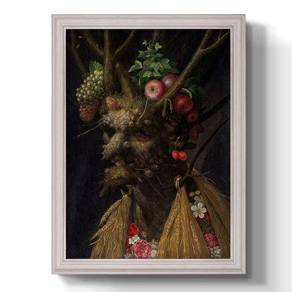 Surreal allegorical portrait representing the four seasons by Giuseppe Arcimboldo printed on canvas in an ornate weathered white frame with a vertical orientation.