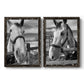 Set of two black barnwood framed canvas prints featuring two modern equestrian photography featuring black-and-white close-up portraits of horses at fences.