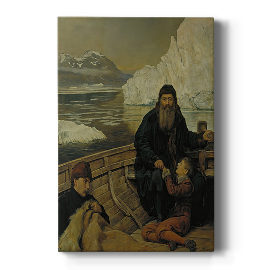 Canvas art print featuring a historical scene of figures on a small boat in a cold seascape on a clean white background.