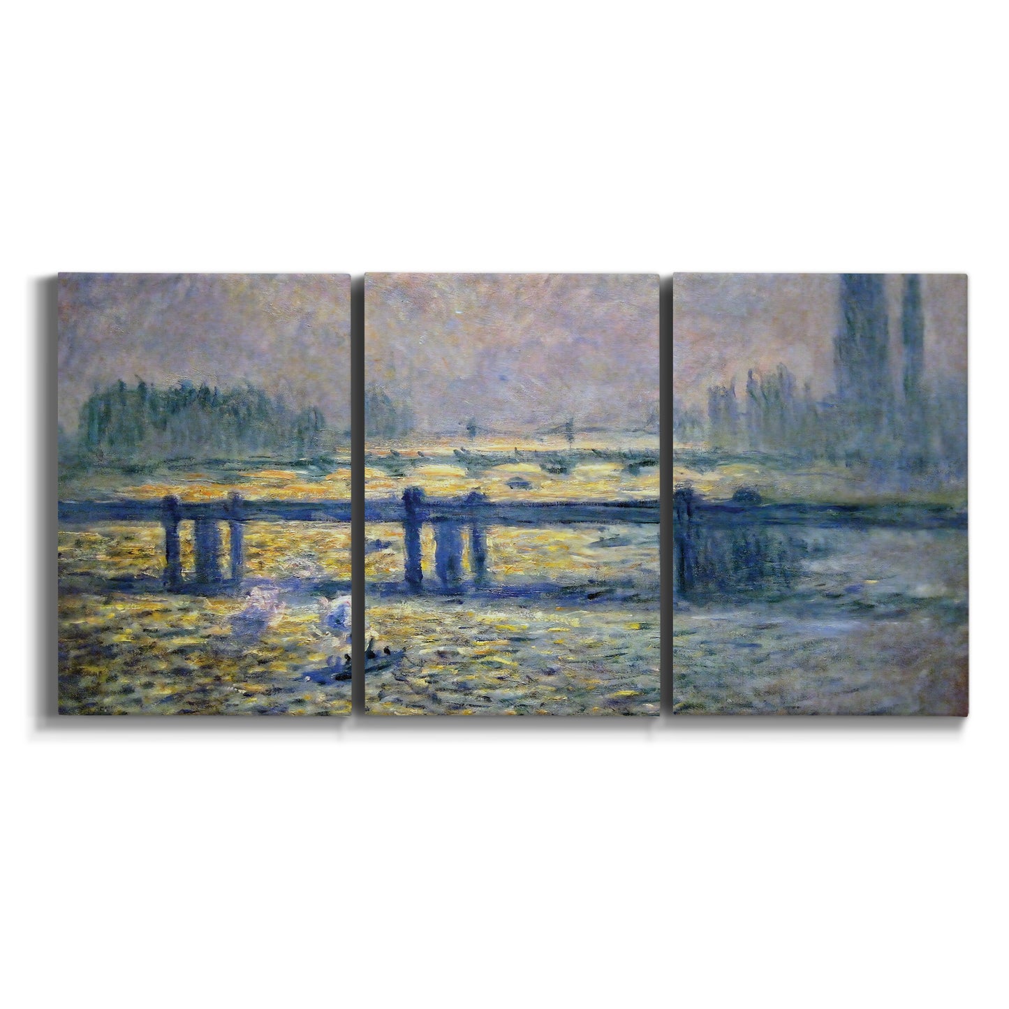 Three-panel canvas wall art featuring london bridge crossing wide river on white background.