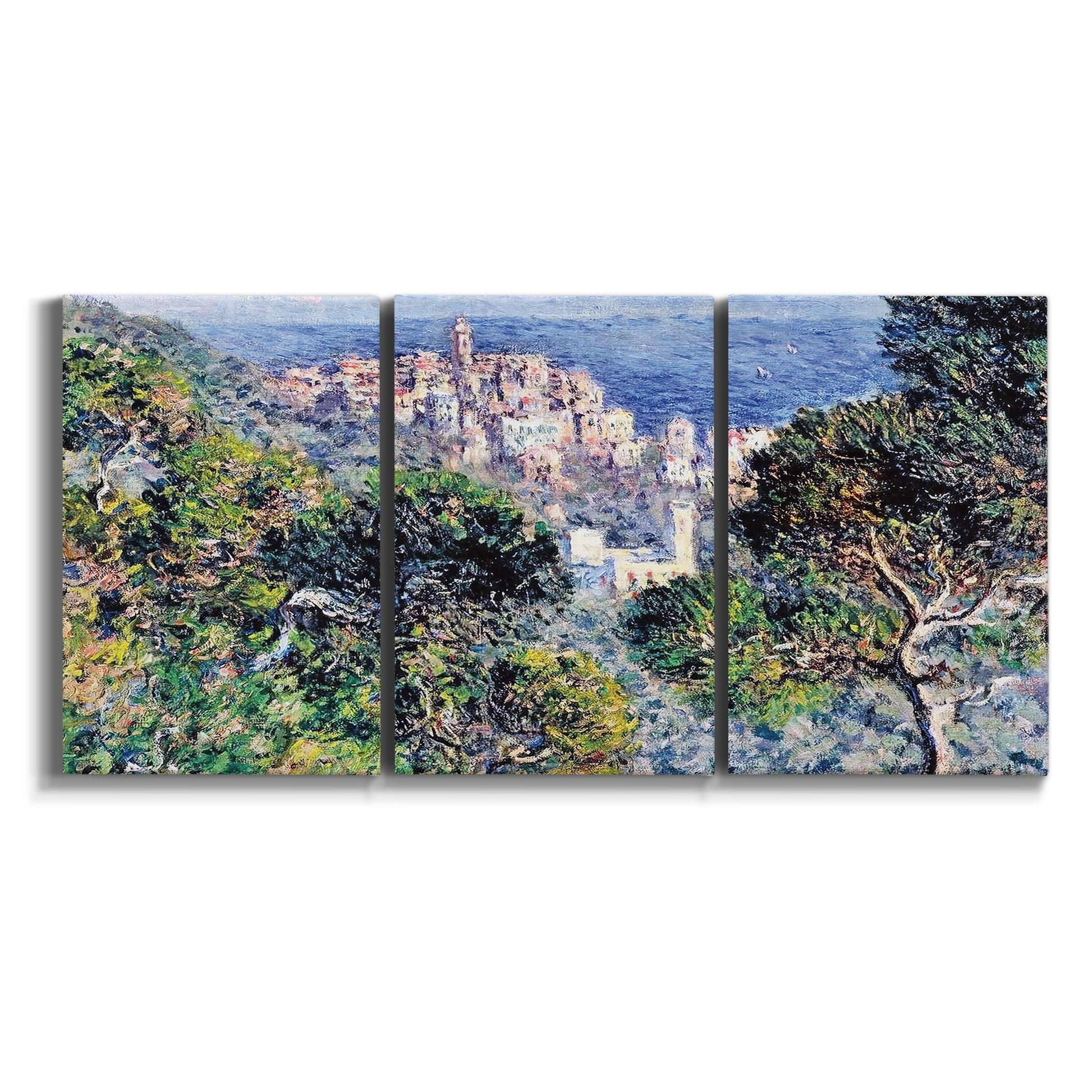 Three-panel canvas wall art featuring coastal hillside overlooking monaco on white background.