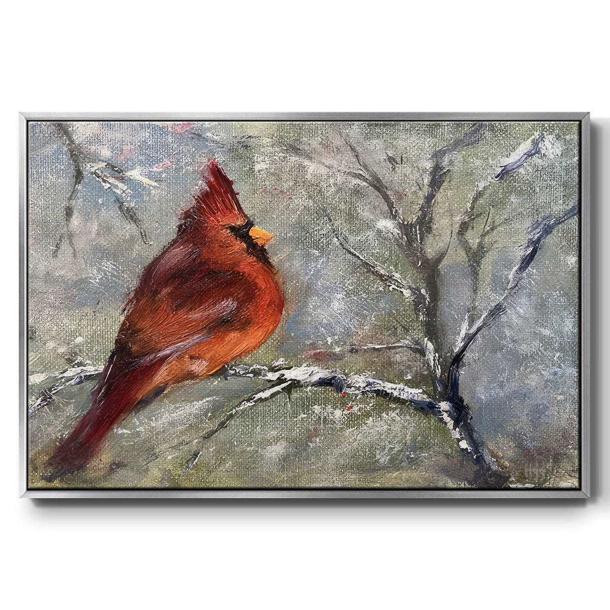 Cardinal in Snow II - Framed Gallery Wrapped Canvas in Floating Frame