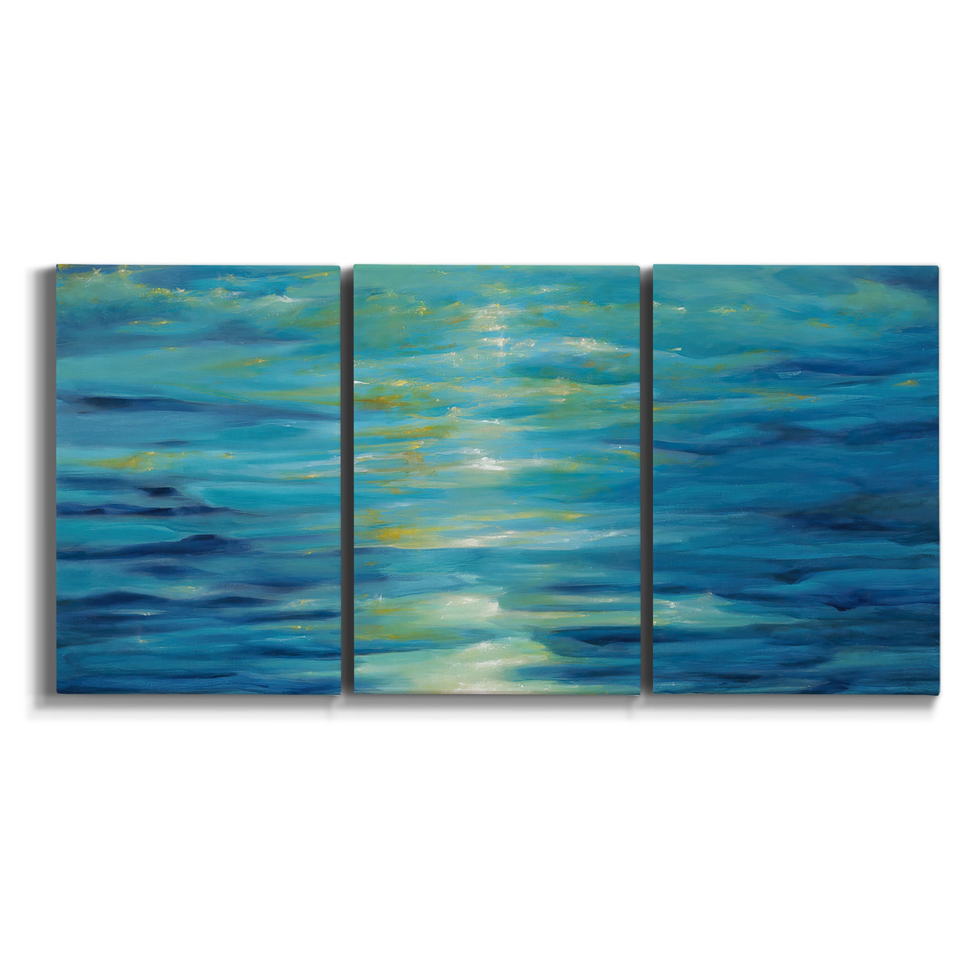 Three-panel canvas wall art featuring deep blue ocean water abstraction on white background.