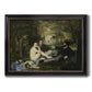 Groundbreaking impressionist picnic scene by Édouard Manet printed on canvas in an ornate black frame with gilded inner detail.