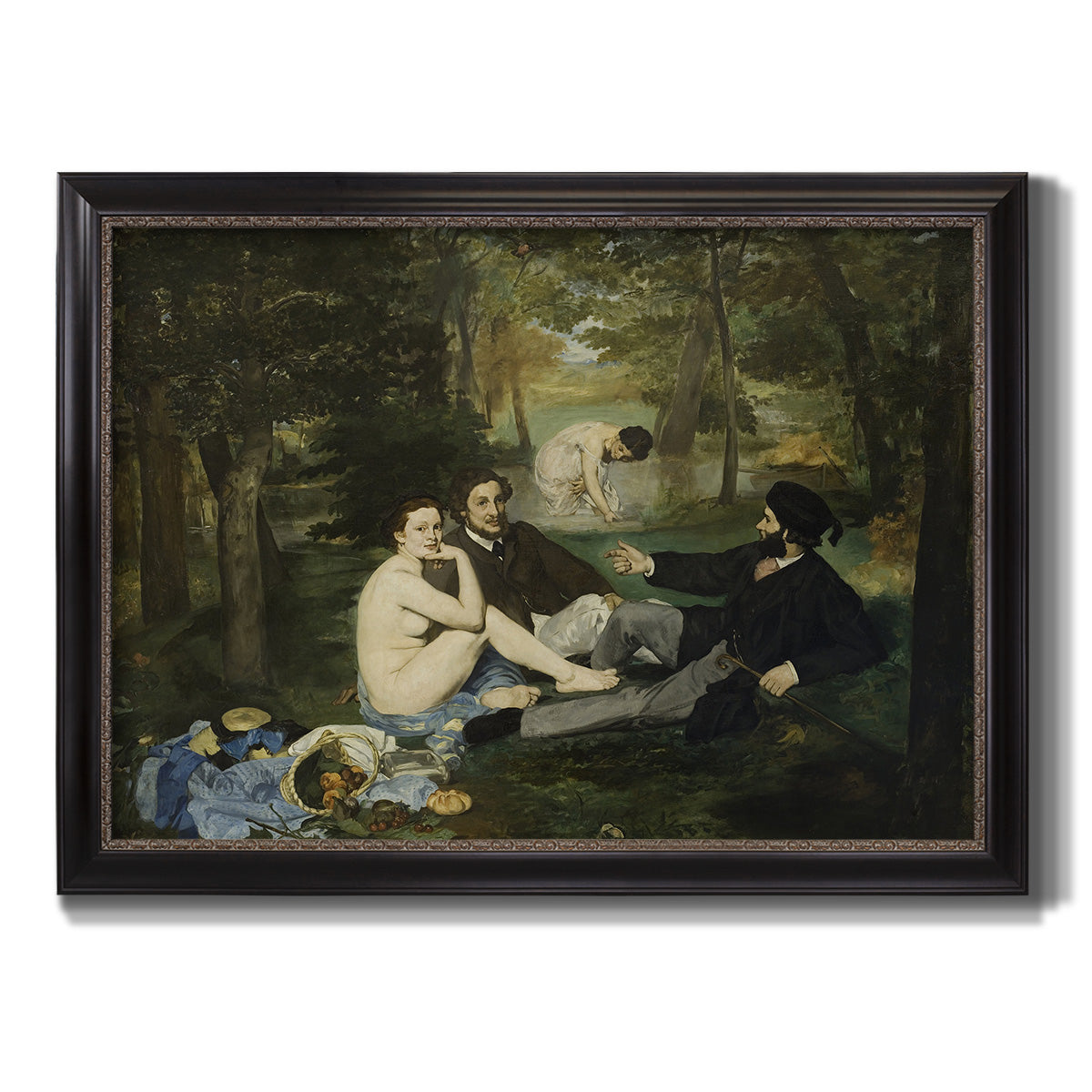 Groundbreaking impressionist picnic scene by Édouard Manet printed on canvas in an ornate black frame with gilded inner detail.