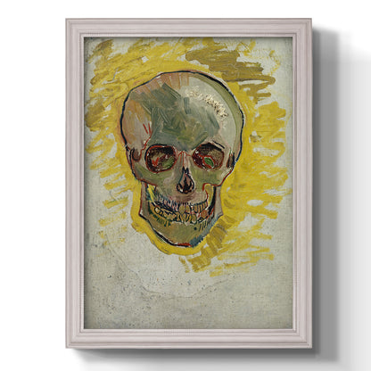 Expressive skull study painting by Vincent van Gogh printed on canvas in an ornate champagne frame with a vertical orientation.