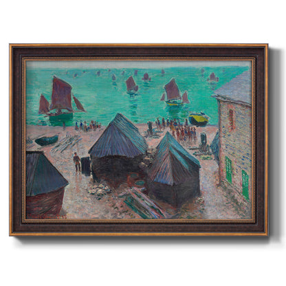 Impressionist coastal harbor scene at Étretat by Claude Monet printed on canvas in an ornate bronzed mahogany wood frame.