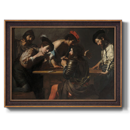 Genre painting of soldiers gambling by Valentin de Boulogne printed on canvas in an ornate bronzed mahogany wood frame.
