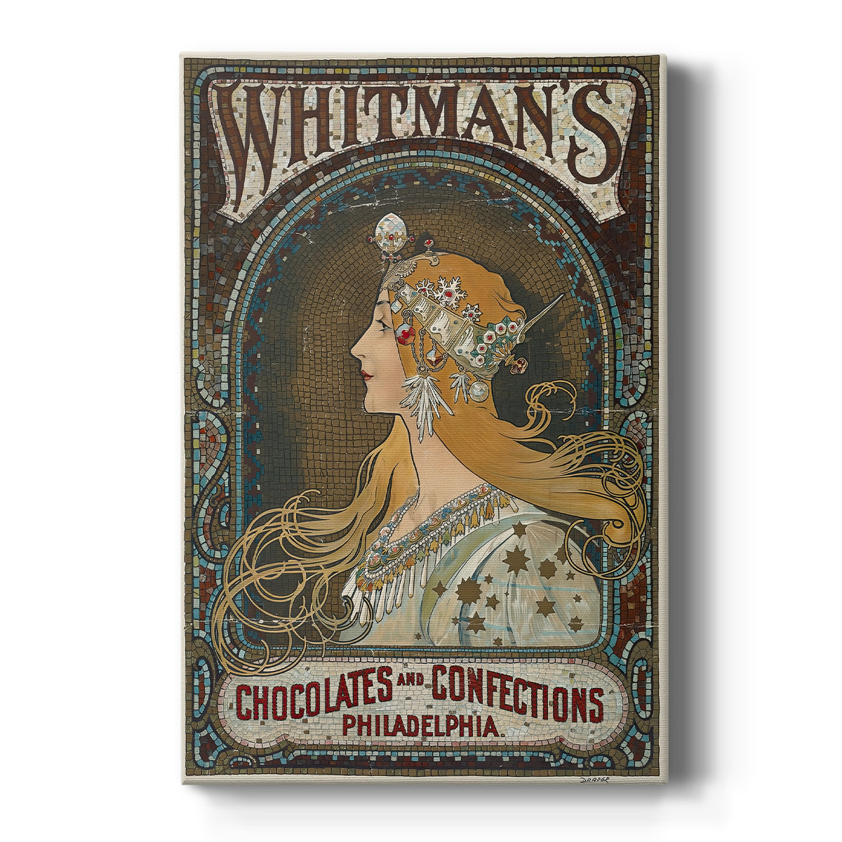 Canvas art print featuring an Art Nouveau poster of a woman with ornate details and confectionery advertisement text on a clean white background.