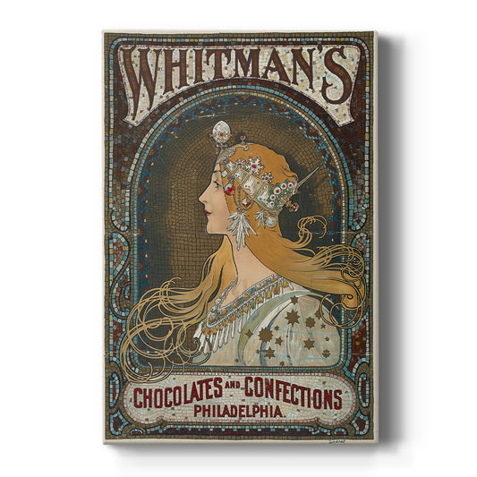 Canvas art print featuring an Art Nouveau poster of a woman with ornate details and confectionery advertisement text on a clean white background.