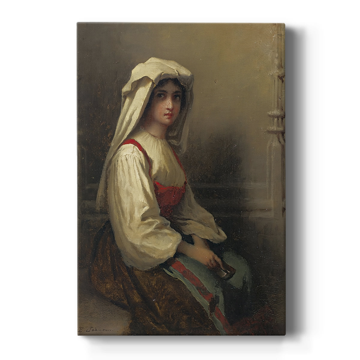 Canvas art print featuring a realistic portrait of a young woman in rustic attire with warm tones on a clean white background.