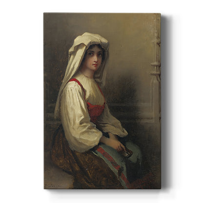 Canvas art print featuring a realistic portrait of a young woman in rustic attire with warm tones on a clean white background.