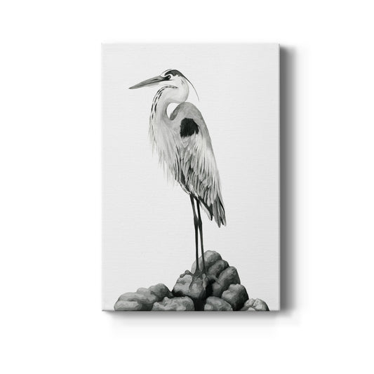 Shoreline Heron in B&W II Premium Gallery Wrapped Canvas - Ready to Hang