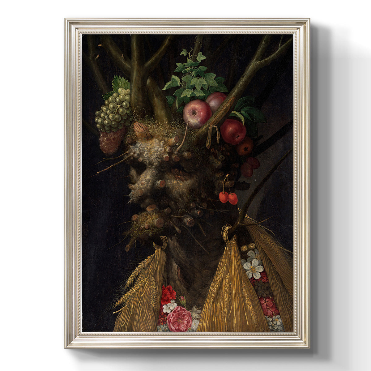 Surreal allegorical portrait representing the four seasons by Giuseppe Arcimboldo printed on canvas in an ornate champagne frame with a vertical orientation.