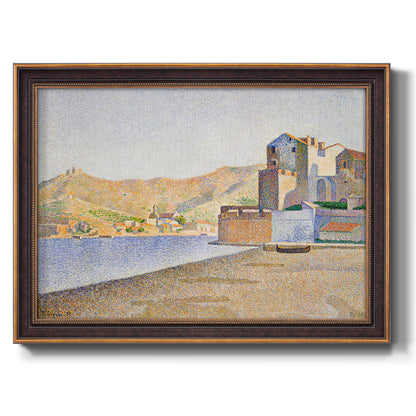Impressionist beach town scene at Collioure by Paul Signac printed on canvas in an ornate bronzed mahogany wood frame.