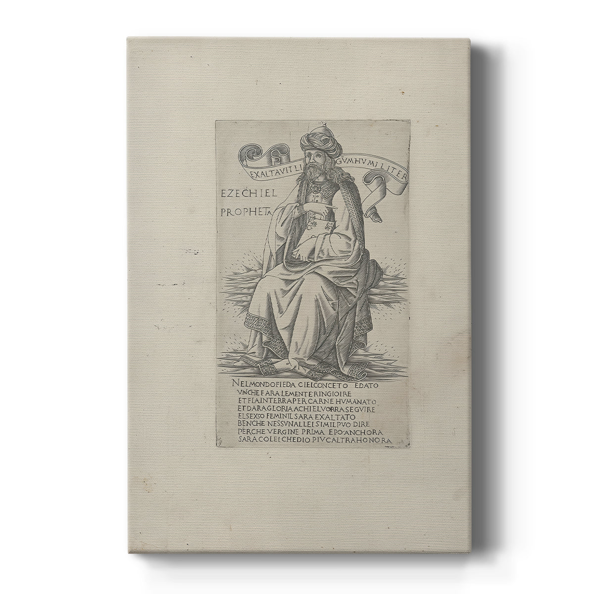 Canvas art print featuring a monochrome engraving of a prophet figure with fine linework and detail on a clean white background.