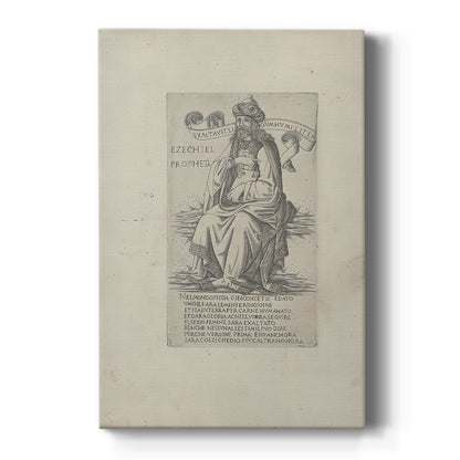 Canvas art print featuring a monochrome engraving of a prophet figure with fine linework and detail on a clean white background.