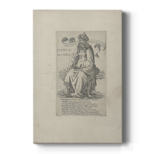 Canvas art print featuring a monochrome engraving of a prophet figure with fine linework and detail on a clean white background.