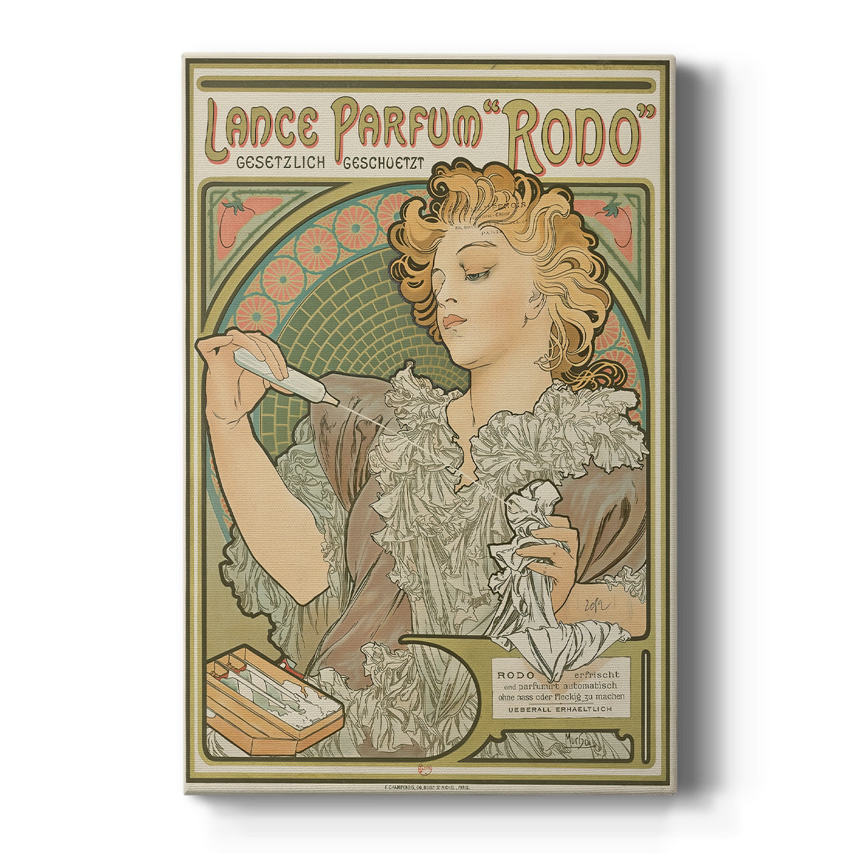 Canvas art print featuring an Art Nouveau poster of a woman with ornate details and decorative typography on a clean white background.