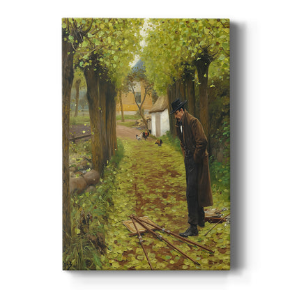 Canvas art print featuring a realistic outdoor scene of a man beside a fallen easel in a grassy setting on a clean white background.
