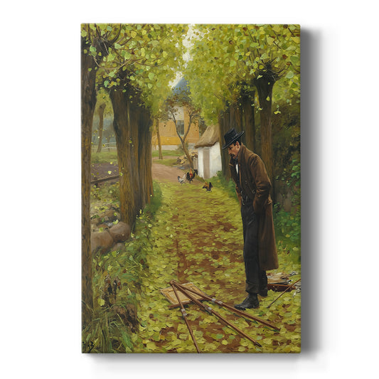Canvas art print featuring a realistic outdoor scene of a man beside a fallen easel in a grassy setting on a clean white background.