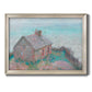 Impressionist coastal building landscape by Claude Monet printed on canvas in an ornate champagne frame.