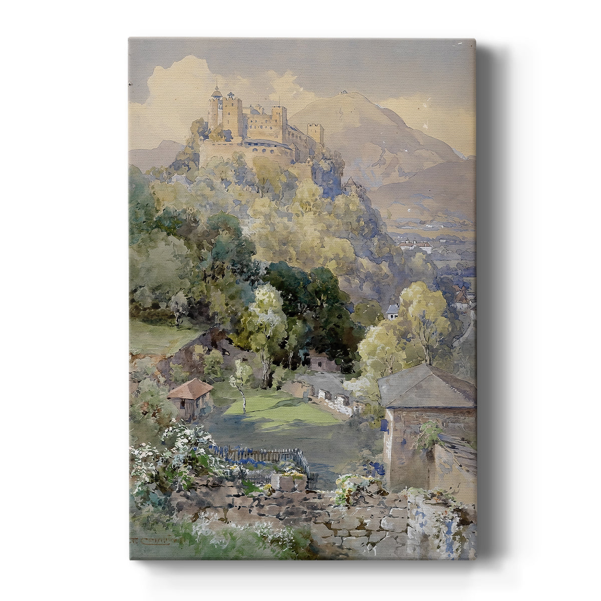 Canvas art print featuring a realistic landscape of a hilltop fortress overlooking a town and surrounding terrain on a clean white background.