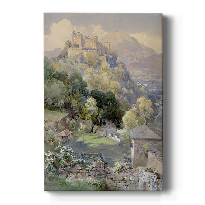 Canvas art print featuring a realistic landscape of a hilltop fortress overlooking a town and surrounding terrain on a clean white background.
