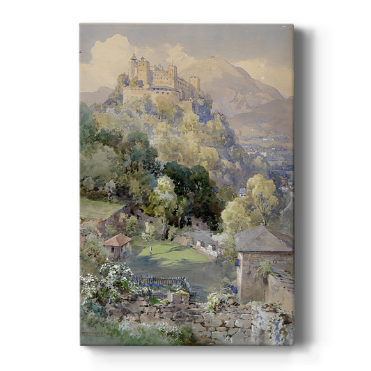 Canvas art print featuring a realistic landscape of a hilltop fortress overlooking a town and surrounding terrain on a clean white background.