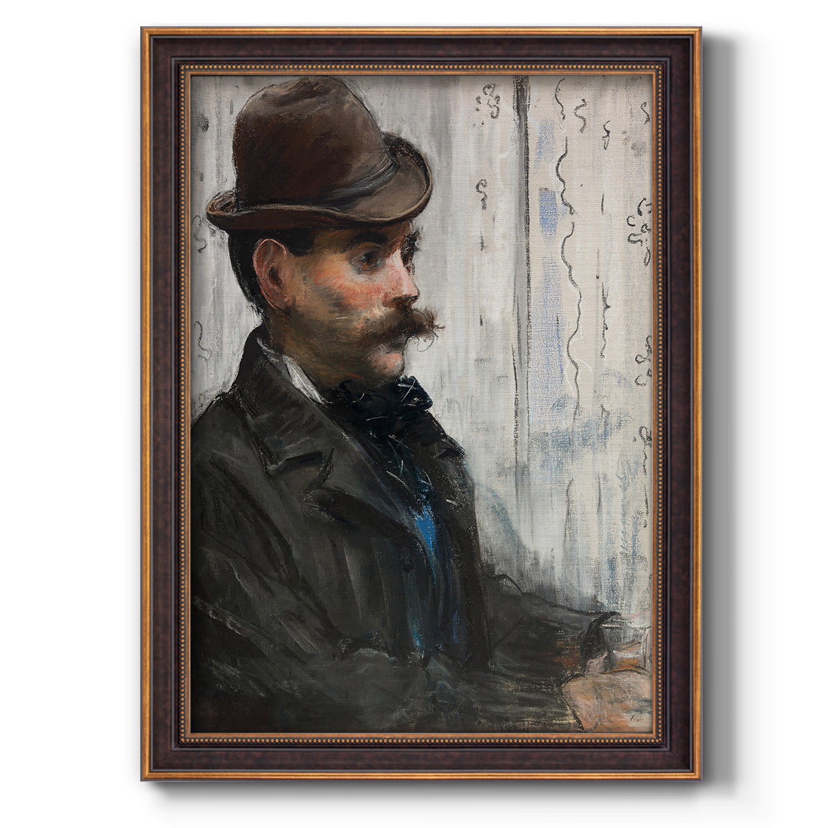 Impressionist portrait of a seated man by Édouard Manet printed on canvas in an ornate weathered white frame with a vertical orientation.