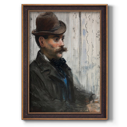 Impressionist portrait of a seated man by Édouard Manet printed on canvas in an ornate weathered white frame with a vertical orientation.